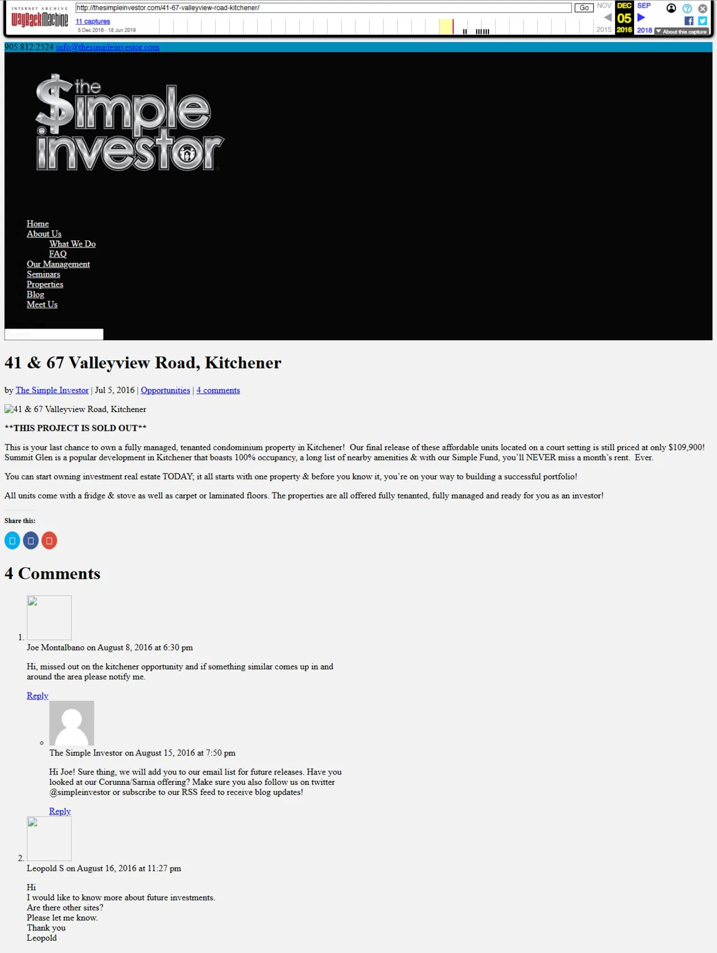 Archived "41 & 67 Valleyview Road, Kitchener" page, showing sold-out status, original pricing ($109,900) and the representation that investors would "NEVER miss a month's rent. Ever."