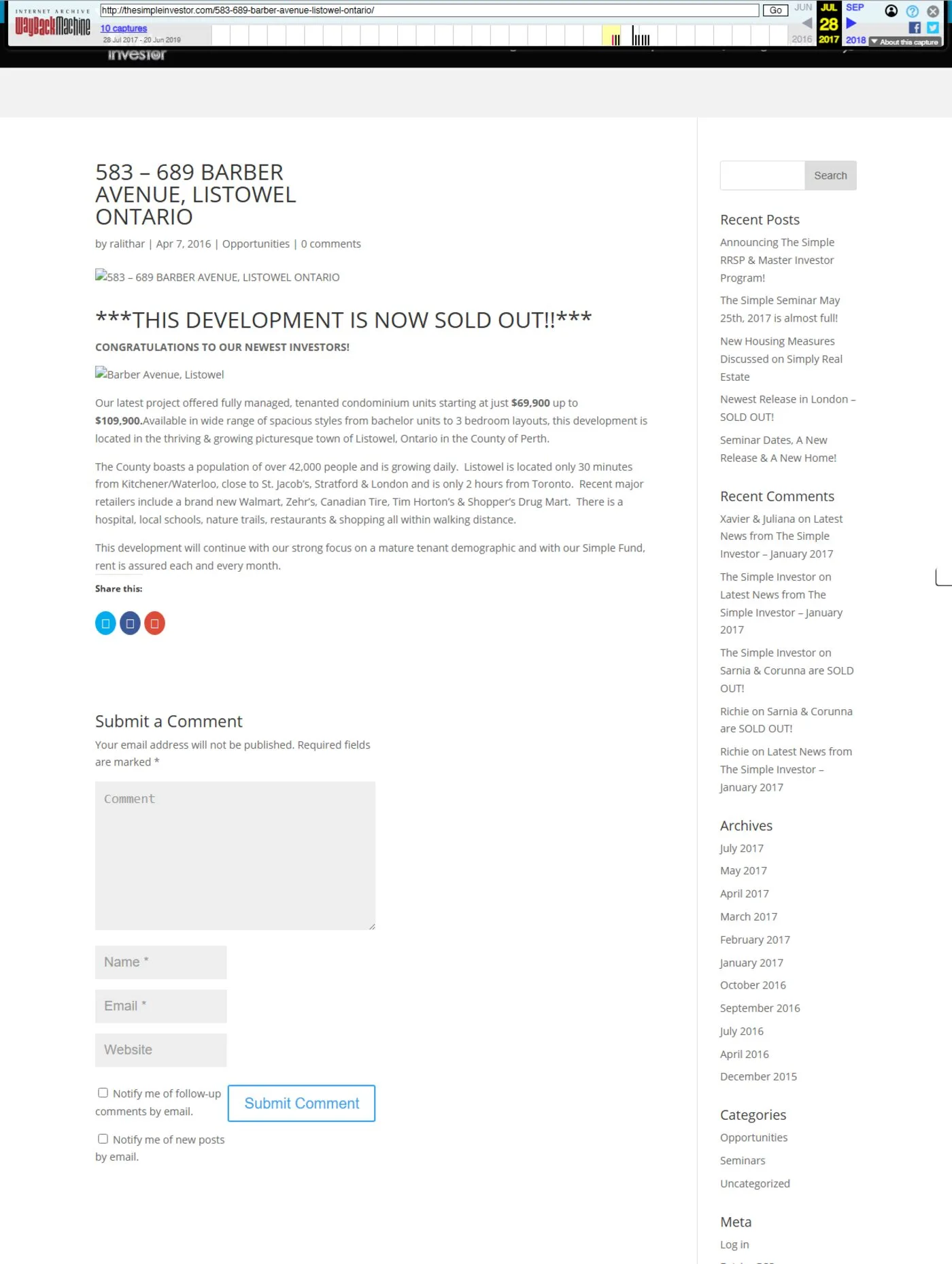 Archived "583–689 Barber Avenue, Listowel" page, showing sold-out status, original pricing ($69,900–$109,900) and the representation that "rent is assured each and every month".